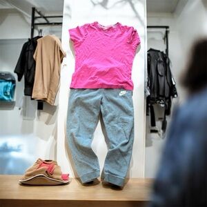 NikeBlue/Gray Sweatpants with Bright Nike Pink Tee - Kids Active Set